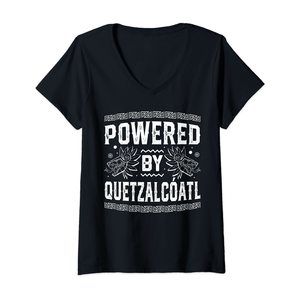 Womens Funny Quetzalcoatl Aztec Serpent Powered By Quetzalcóatl V-Neck T-Shirt